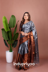 Indupriyaa Copper Nd Grey Designe Handloom Tissue Cotton Saree